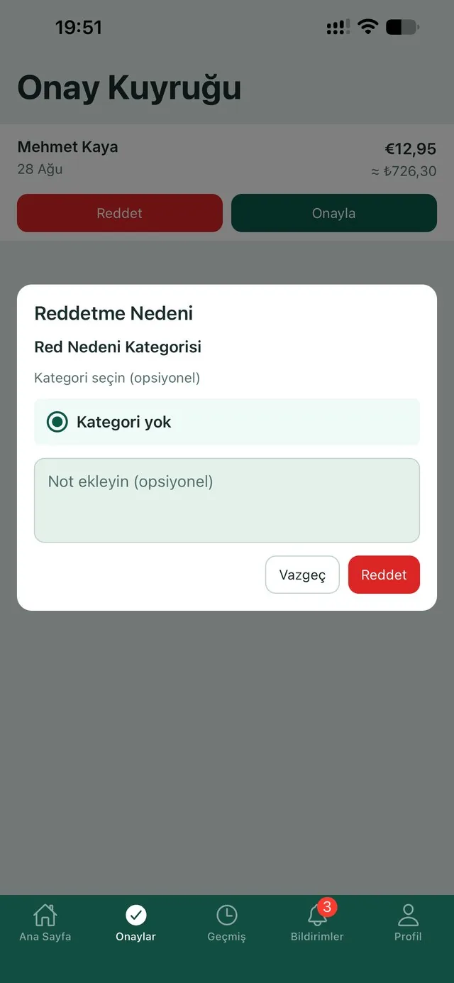 Reddetme nedeni penceresi